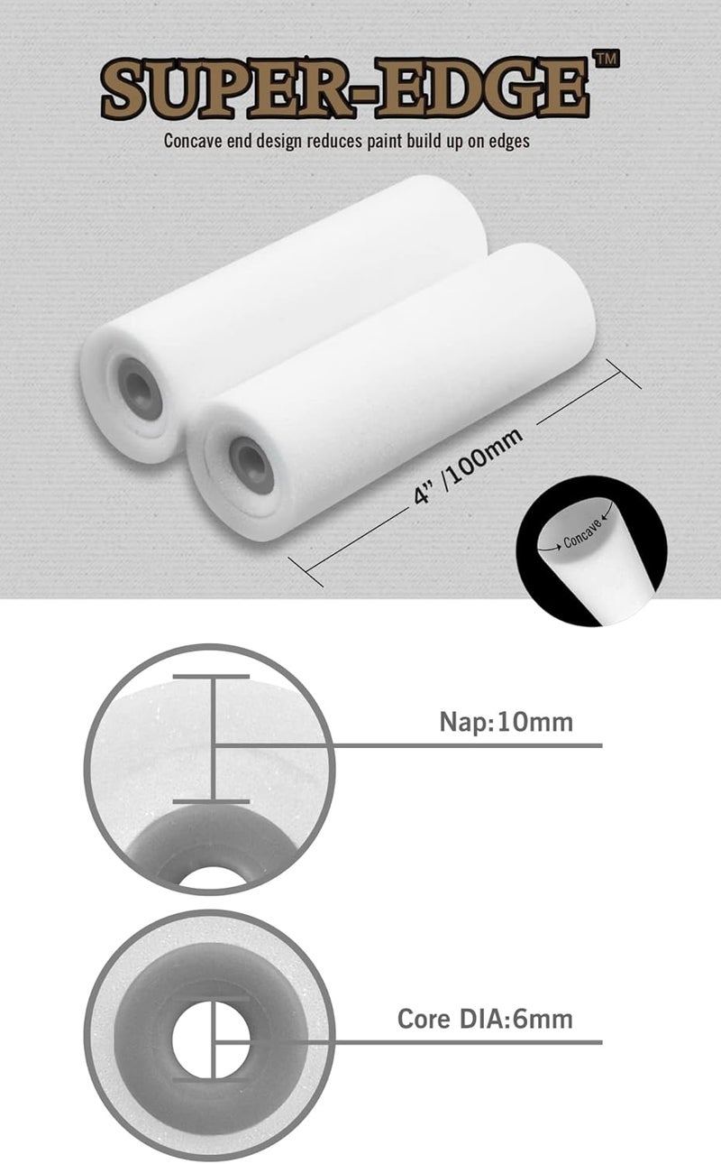 Rolling Dog Mini Foam Roller Paint - Paint Roller Covers,Concave Design High Density Foam Roller Refills for Smooth Even Painting(4 Inches,4PC) - Image 2